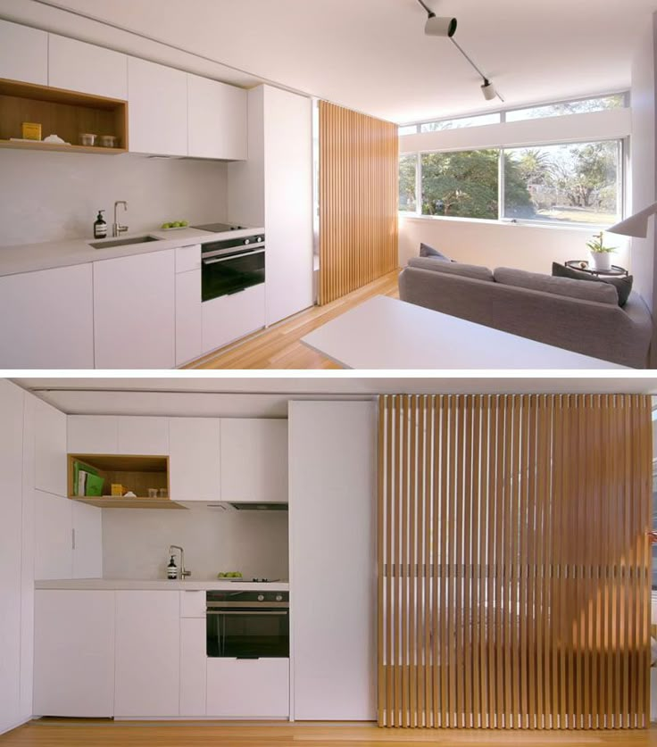 two pictures of a kitchen and living room with wood flooring, white cabinetry, and open shelving