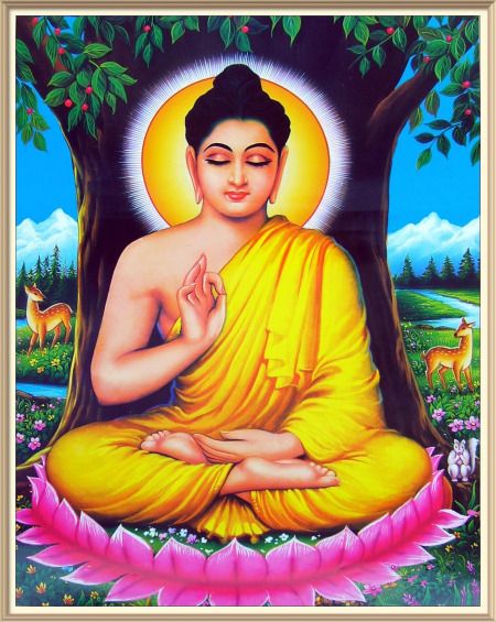 the buddha is sitting under a tree with deers in the background, and it looks like he is meditating