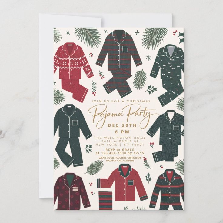 a christmas party card with pajamas and sweaters