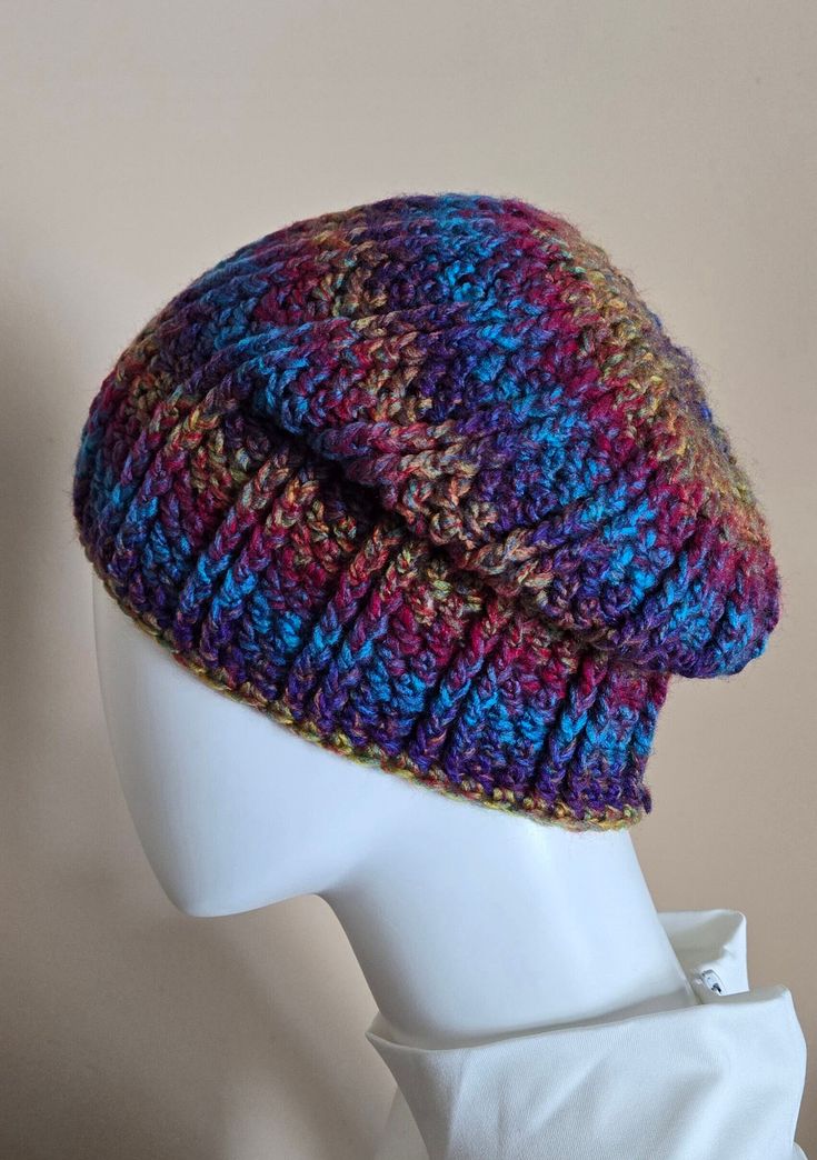 One of a kind, hand crocheted, adult sized, LoLo Beanie! Warm & cozy, beautiful colored ombre shades with long striping sequences of Aquamarine, Turquoise, Ultra Violet, Cherry Red, and Mustard Yellow.   My inspiration started with a pattern I found for an amazing cowl.  I wanted a coordinating beanie, but couldn't find one, so I made this one and I love it!  I especially like the top which has a medallion/mandala center.  It's just the slightest bit "slouchy" and "stretch" so there is no ribbed Multicolor Hand Knitted Crochet Cotton Hat, Multicolor Knitted Crochet Hat In Cotton, Multicolor Hand-knitted Crochet Cotton Hat, Hand Knitted Multicolor Crochet Hat In Cotton Yarn, Multicolor Slouchy Bohemian Crochet Hat, Multicolor Hand Knitted Crochet Hat, Hand Knitted Multicolor Crochet Hat, Colorful Crochet Yarn Hat, Colorful Yarn Crochet Hat