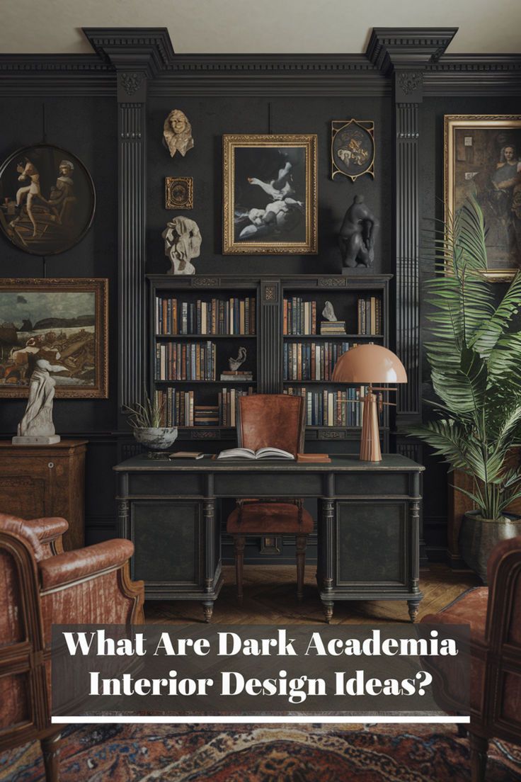 a dark room with bookshelves and pictures on the wall, which reads what are dark accents in interior design ideas?