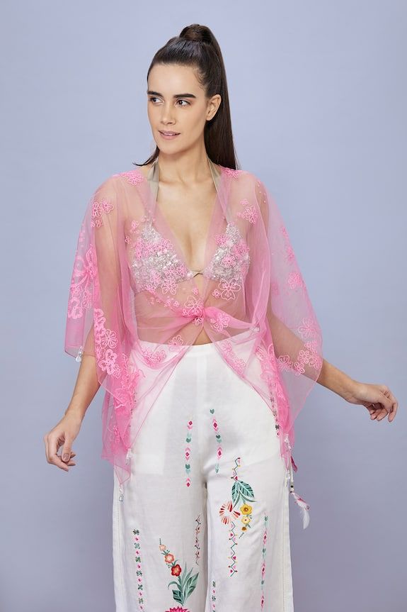 Pop pink net kaftan with gold floral and thread embroidery. - Aza Fashions Pink Kaftan For Party Festivals, Pink Kaftan For Party And Festivals, Pink Party Kaftan For Festivals, Pink Wedding Kaftan For Eid, Elegant Pink Kaftan For Festivals, Pink Traditional Drape Kaftan For Festivals, Traditional Pink Kaftan For Party, Pink Resham Embroidery Kaftan For Festivals, Bollywood Style Kaftan With Intricate Embroidery For Party