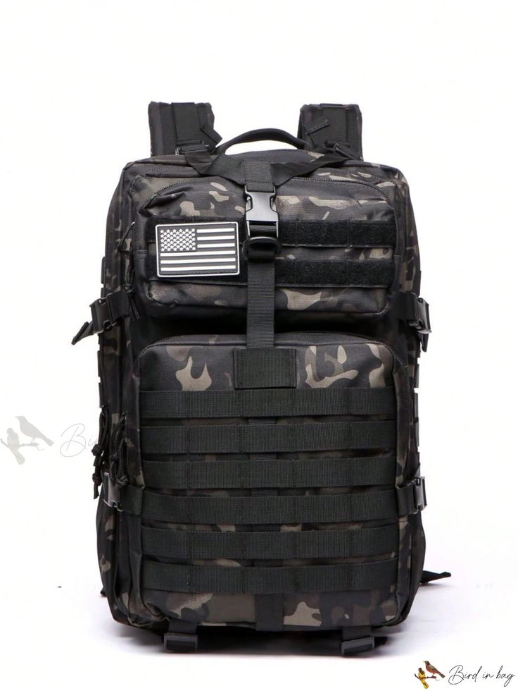 the back pack is camouflaged and has an american flag patch on it's side