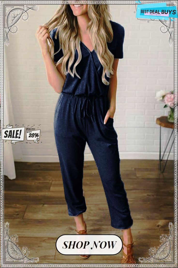 Lace-up V-neck Short-sleeved Slim Women's Jumpsuit Casual V-neck Stretch Jumpsuits And Rompers, Casual V-neck Jumpsuit With Relaxed Fit, Fall V-neck Jumpsuits And Rompers In Solid Color, Casual V-neck Jumpsuits And Rompers In Solid Color, Stretch V-neck Jumpsuits And Rompers In Solid Color, Stretch V-neck Jumpsuit In Solid Color, Stretch Solid Color V-neck Jumpsuits And Rompers, Casual Non-stretch V-neck Jumpsuits And Rompers, Stretch V-neck Jumpsuit With Solid Color