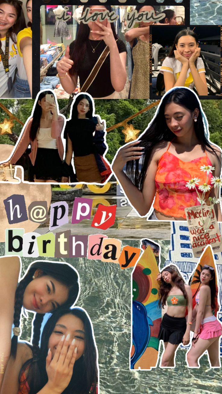 the collage has many pictures of women in different outfits and words that say happy birthday