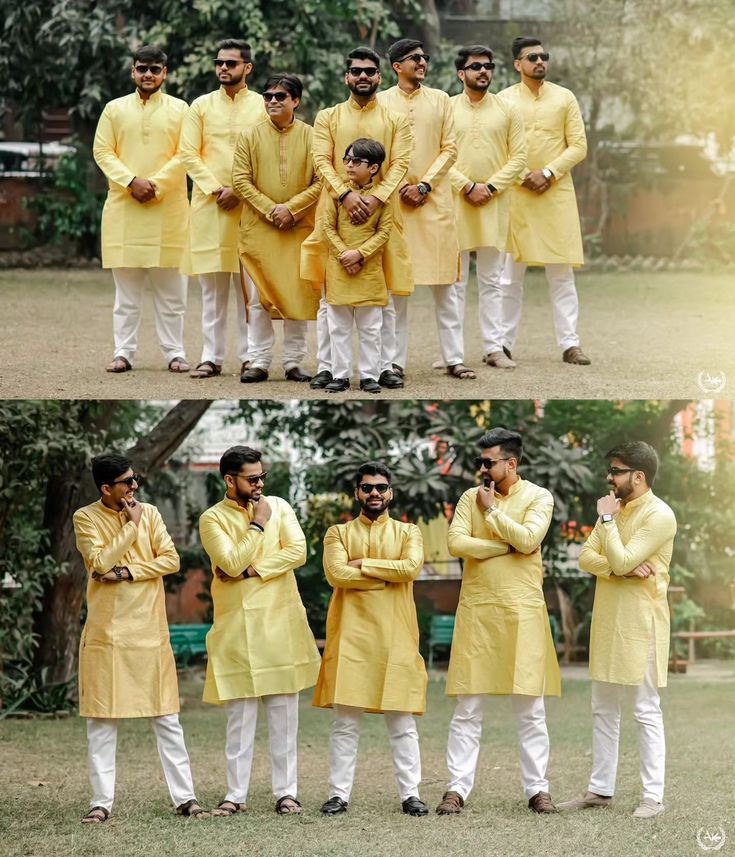 the men are dressed in yellow and posing for pictures with their hands on their chins