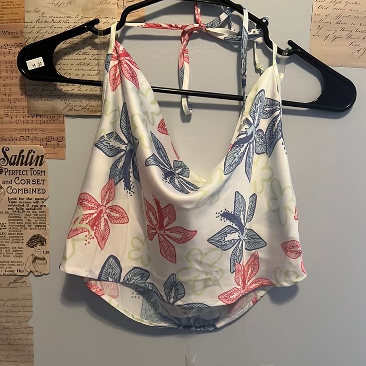 Never Worn, Tags On. Summer Tropical Print Halter Top For Beachwear, Summer Beachwear Halter Top With Tropical Print, Floral Print Tops For Vacation Day Out, Beachy Tops With Tropical Print For Spring, White Tropical Top With Floral Print, Summer Tropical Print Halter Top For Beach, Summer Floral Print Halter Neck Crop Top, White Tropical Floral Print Top, Spring Floral Halter Top For Beach Party