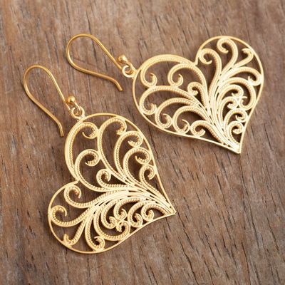 Heart-Shaped Gold-Plated Earrings - Flourishing Heart | NOVICA Filigree Hoop Earrings, Gift Suggestions, Filigree Earrings, Heartfelt Creations, Filigree Ring, Lovely Earrings, Romantic Gifts, Silver Filigree, Favorite Rings