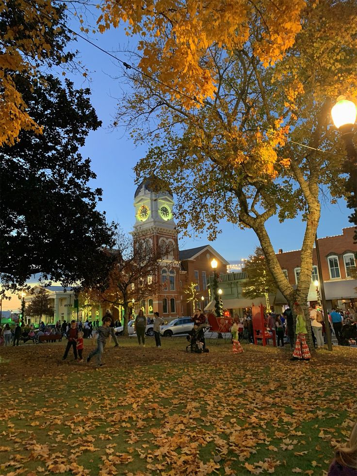 many people are walking around in the park at night with fall leaves on the ground