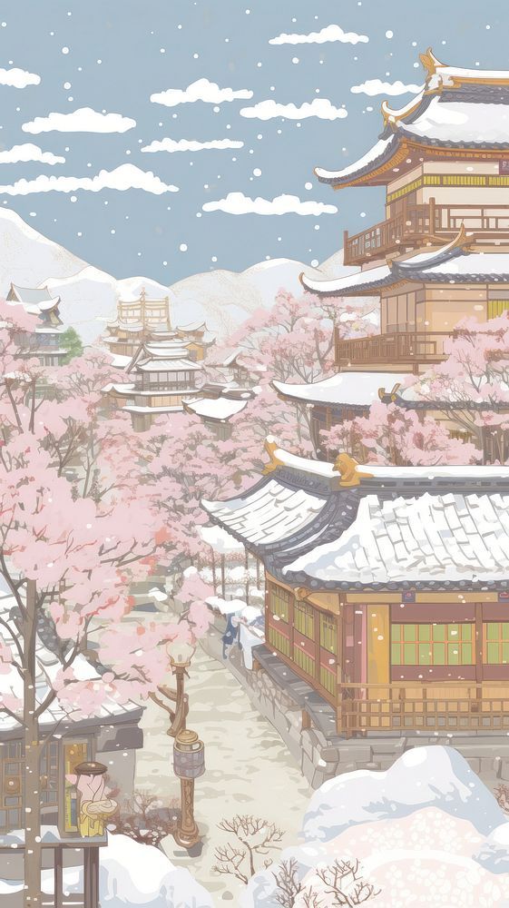 Japan anime winter village blossom flower person. | free image by rawpixel.com / Teddy Cherry Iphone Wallpaper, Aesthetic Anime Scenery Wallpaper, Iphone Wallpaper Japan, Flower Person, Japan Wallpaper, Anime Winter, Iphone Wallpaper Iphone, Cherry Blossom Wallpaper, Chinese Wallpaper