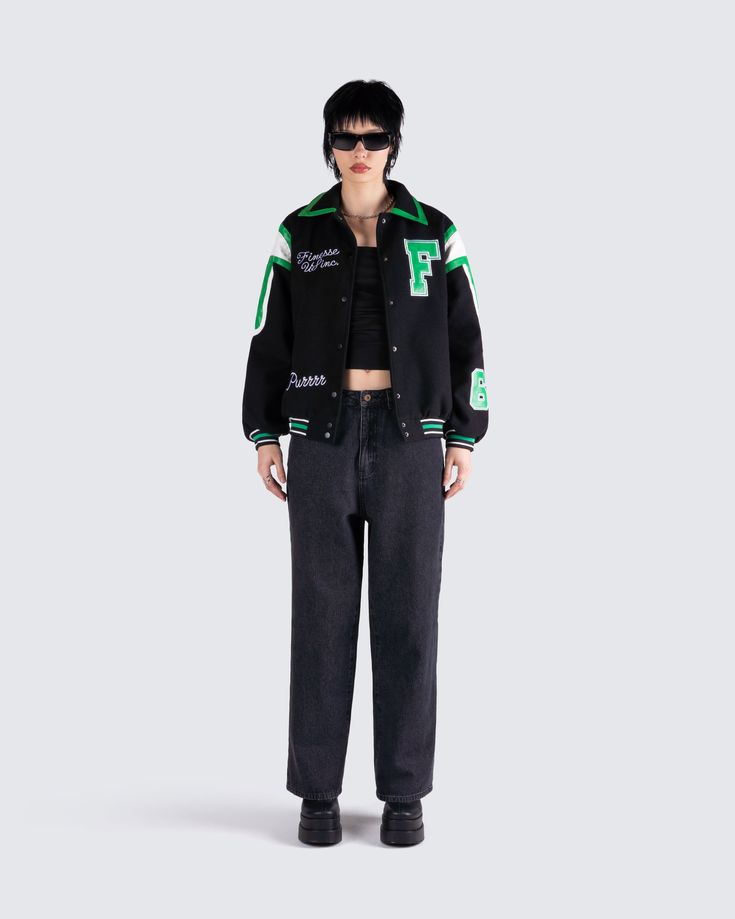 The vibes are... stylish, and bada*s 🙌 This two-piece set featuring a black jersey tube top, a black varsity jacket, and black-washed balloon pants will have everyone trying to get on your level 🖤 Trendy Varsity Jacket For Sports, Trendy Varsity Jacket With Baseball Collar, Trendy Black Varsity Jacket For Sports, Black Hip Hop Varsity Jacket For Winter, Black College Style Varsity Jacket, Trendy Black Outerwear With Baseball Collar, Trendy Black Varsity Jacket With Letter Print, Black Hip Hop Varsity Jacket For Fall, Black Casual Varsity Jacket With Baseball Collar