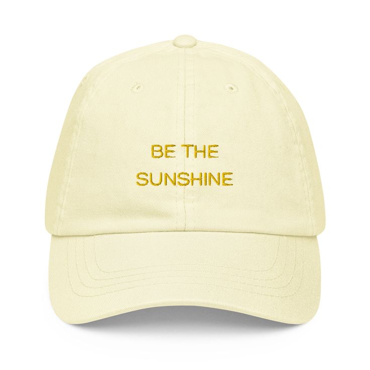 "❗❗ESTIMATED DELIVERY TIME FOR THIS HAT IS 20-22 BUSINESS DAYS IN THE U.S.❗❗ This listing is for ONE (1) pastel yellow hat with our signature yellow \"BE THE SUNSHINE\" Embroidered Graphic. 🌞100% chino cotton 🌞Soft, unstructured crown 🌞6-panel, low-profile 🌞Pre-curved peak 🌞Stitched eyelets 🌞Self-fabric strap with a tri-glide buckle 🌞Sponge-clean only I love creating products for you! When your hat arrives, please send me a photo by posting a review. I would be so grateful and I cannot wait to see" Dairy Free Coffee, Be The Sunshine, Sip Sip Hooray, Yellow Hat, Free Coffee, Embroidered Caps, Relaxing Day, Pastel Yellow, Green Camo