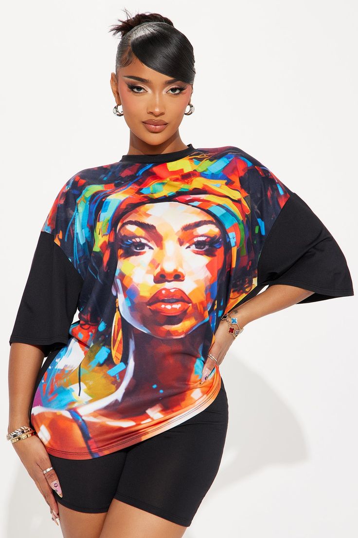 Available In Black. Biker Short Set Oversized T-Shirt Crew Neck Short Sleeve Biker Short Elastic Waistband Stretch Disclaimer: Print Placement Will Vary Self: 96% Polyester 4% Spandex Imported | Beautiful Work Of Art Short Set in Black size Large by Fashion Nova Oversized Black Printed T-shirt, Oversized Printed Multicolor T-shirt, Black Short Sleeve Top With Graffiti Print, Black Fashion Print Top For Summer, Casual Black Tops With Abstract Print, Casual Stretch Tops With Abstract Print, Casual Stretch Top With Abstract Print, Black Tops With Graffiti Print For Spring, Black Graffiti Print Tops For Spring