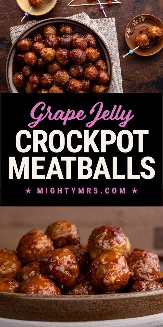 crockpot meatballs with text overlay that reads grape jelly crockpot meatballs