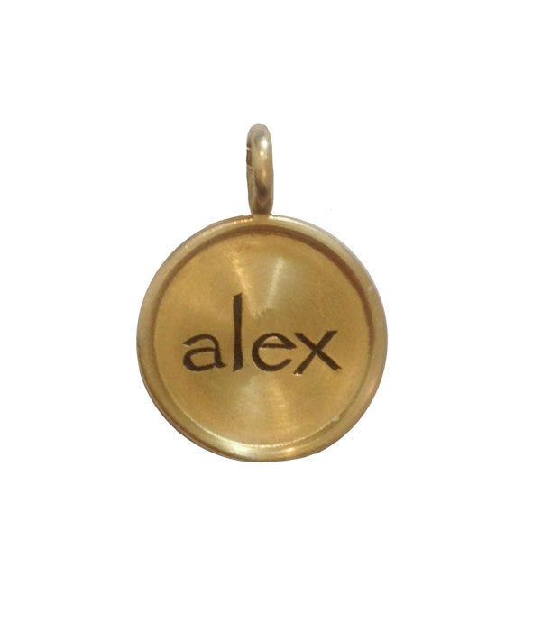 "This charm measures 5/8th\" in diameter and is made from recycled gold. It is hand engraved and can have up to 8 characters across the middle. Shown in papyrus font. Please message if you would like a different font. Shown in 14k yellow gold. Also available in white and rose gold. The Italian-made dog bone chain in photo 3 is additional. Allow two weeks for production. Rush orders can sometimes be accommodated. Free Shipping Priority mail shipping with insurance and tracking within USA. I Ship Symbolic Yellow Gold Brass Charms, Symbolic Stamped Gold Jewelry, Stamped Yellow Gold Brass Jewelry, Symbolic Engraved Pendant Charms, Symbolic Engraved Round Pendant Charms, Personalized 14k Yellow Gold Charms, Engraved 14k Gold Medallion Charms, Engraved Yellow Gold Medallion Charms, 14k Gold Medallion Engraved Charms