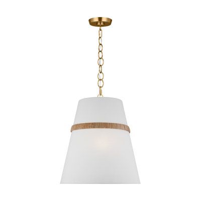 a light fixture with a white shade on the bottom and gold chain hanging from it