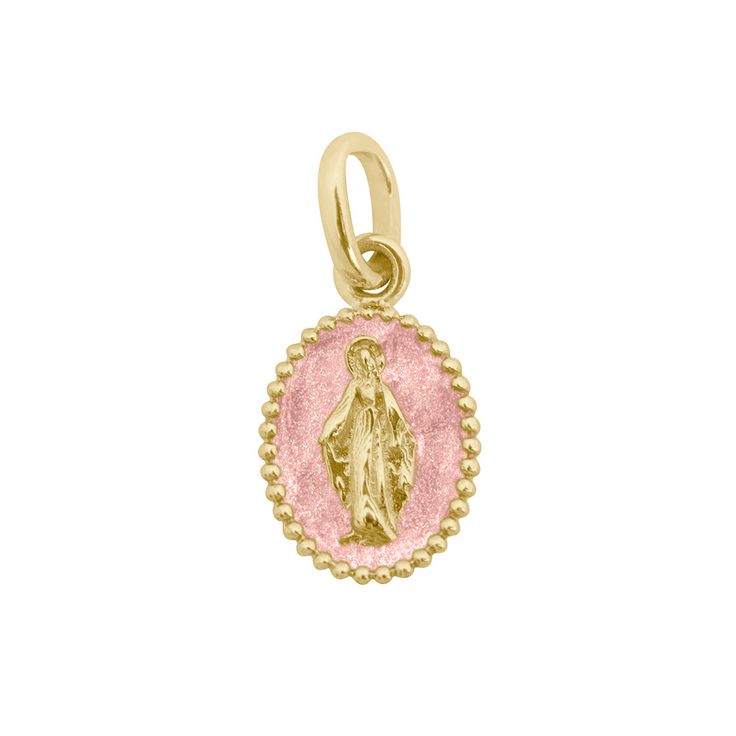 Gigi Clozeau - Madone Blush Resin pendant, Yellow Gold Pink Gold Pendant Jewelry With Charms, Pink Gold-plated Round Pendant Jewelry, Pink Round Pendant Gold Plated Jewelry, Pink Gold Plated Round Pendant Jewelry, Polished Pendant Charm Necklace, Pink 14k Gold Jewelry With Charms, Pink Engraved Pendant Jewelry, Engraved Pink Pendant Jewelry, Catholic Core