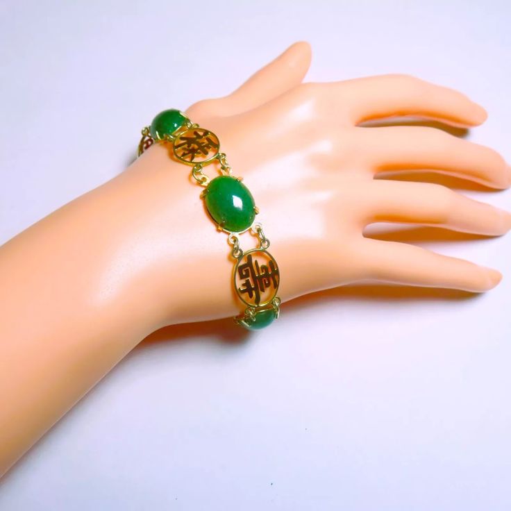 Vintage 14k Gold Chinese Characters Green "Old Jade" Aventurine Link Bracelet | eBay Luxury Green Cabochon Jewelry, Luxury Green Round Jewelry, Jade Bangle Jewelry Gift, Elegant Aventurine Bracelet Jewelry, Jade Bangle Jewelry For Gifts, Elegant Aventurine Bracelet, Spiritual Style Jade Bangle Jewelry, Luxury Green Oval Bracelet, Fine Jewelry Bracelet With Cabochon