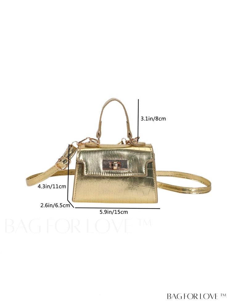 BagForLove - Chic Mini Metallic Crocodile Flap Bag with Twist Lock - Trendy & Compact Product Description Color Gold Magnetic No Type Square Bag Bag Size Mini Style Casual Strap Type Adjustable Pattern Type Plain Closure Type Turn-lock Composition 100% Polyester Material PU Size Chart INCH CM Strap Length Bag Length Bag Width Bag Height Handle Height 45.7 inch 5.9 inch 2.6 inch 4.3 inch 3.1 inch Strap Length Bag Length Bag Width Bag Height Handle Height 116 cm 15 cm 6.5 cm 11 cm 8 cm Details Pic Gold Top Handle Satchel With Hasp Closure, Gold Satchel With Hasp Closure, Gold Handheld Satchel With Mobile Phone Bag, Gold Crossbody Bag With Hasp Closure, Gold Square Satchel As Gift, Trendy Gold Shoulder Bag With Hasp Closure, Gold Bags With Adjustable Strap For Gift, Trendy Gold Satchel As Gift, Trendy Gold Satchel For Gift