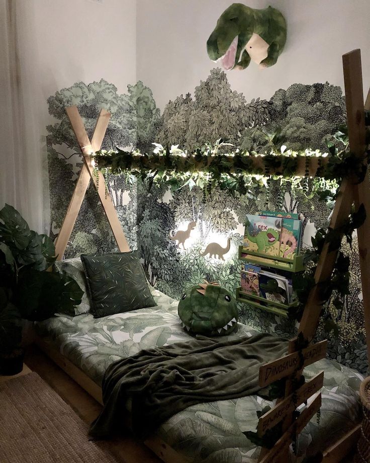 a bed room with a wooden frame and some plants on the wall next to it