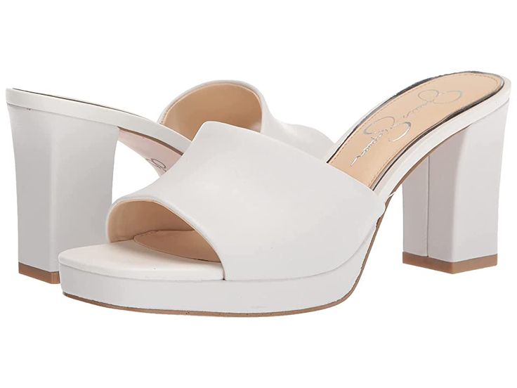 Jessica Simpson Elyzza - Women's Shoes : Bright White : Make your days fun and fabulous wearing the chic Jessica Simpson Elyzza with almost any outfit. Crafted with a rich leather upper. Man-made lining and insole. The sandal features an easy slip-on profile. Chic square and open-toe silhouette. Covered block heel. Rubber outsole for smooth comfort all-day long. Imported. Heel height: 3 1/4 in, Platform Height: 3/4 in. Single shoe weighs 11 oz. Weight of footwear is based on a single item, not a Chic Platform Block Heels For Spring, Chic Spring Platform Block Heels, Chic Spring Block Heels With Platform, Elegant Spring Platform Block Heels, Chic Square Toe Platform Sandals, Elegant Synthetic Open Heel Block Heels, Synthetic Square Toe Sandals With Stacked Heel, Elegant Block Heel Mules For Spring, Elegant Spring Mules With Block Heel