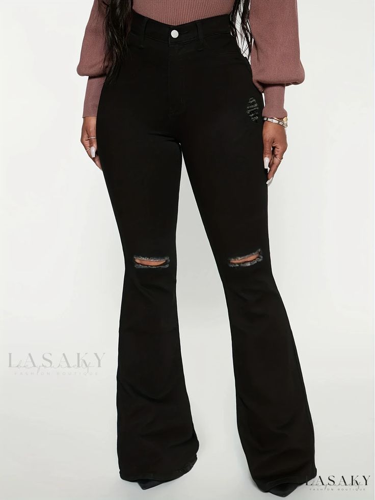 Lasaky - Womens High Waist Distressed Black Flared Jeans - Ripped Bottom, Bell Bottom Design - Premium Denim Pants for Fashion-conscious Individuals Stretch Pants With Frayed Hem For Fall, Ripped Wide Leg Bottoms For Fall, Trendy Distressed Bottoms For Fall, Trendy Distressed Pants For Fall, Fitted Distressed Pants For Fall, Chic Ripped Stretch Flare Jeans, Chic Stretch Ripped Flare Jeans, Edgy Ripped Flare Jeans For Fall, Ripped Fitted Bottoms For Fall