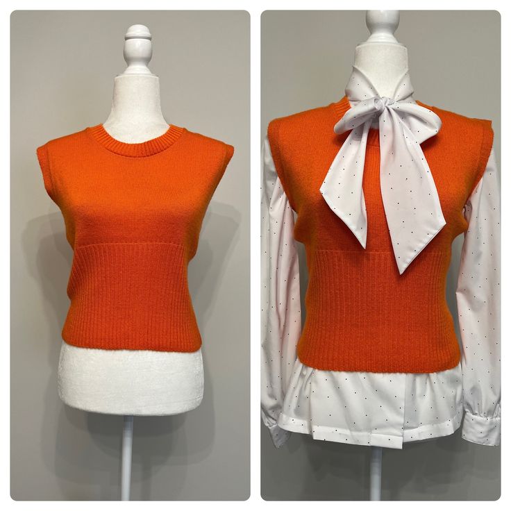 This orange sweater vest is vibrant and fun! It's a great representative of its 70s era by Sears JR Bazaar.  It's a junior sized sweater in a size Large.  This equates to more like a ladies Small or Medium today. Please see measurements below.  It is a fitted vest and looks adorable with a longer button down shirt underneath.  (I photographed it with one for example.) The vest is 100% acrilon acrylic.  It's in nice condition with some rubbing to the fabric. I love having the real deal though and 70s Sweater Vest, Orange Sweater Vest, 70s Sweater, Fitted Vest, Clothes Reference, 70s Inspired Fashion, Sleeveless Jumper, Orange Sweater, 70s Era