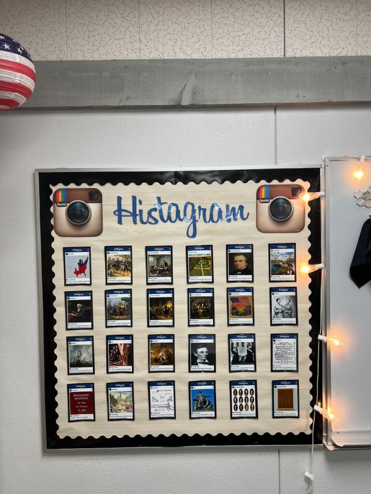 a bulletin board with pictures on it and lights strung from the wall behind it, along with an american flag