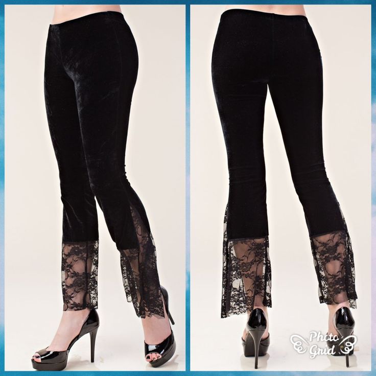 Hot, New Black Velvet Stretchy Pants With Lace Bottom Accent From Vocal Super Cute And Soft Can Be Casual Or Dress Them Up. Fits True To Size. 29" Inseam 40" Long Items From Vocal Don't Come With Tags; They Are In Their Original Packaging. Party Bottoms With Lace Trim And Stretch, Stretch Pants With Lace Trim For Night Out, Black Lace Trim Pants For Party, Fitted Bottoms With Lace Trim For Fall, Casual Party Bottoms With Lace Trim, Black Pants With Lace Trim For Night Out, Fitted Black Pants With Lace Trim, Fitted Gothic Pants For Spring, Gothic Fitted Pants For Spring