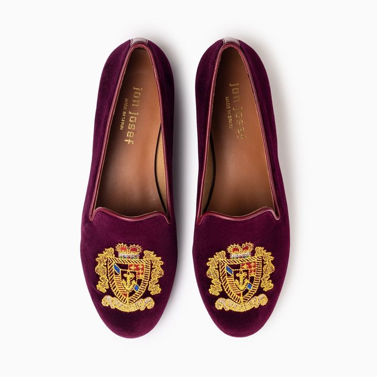 Catch this limited edition burgundy velvet women's smoking slipper with embroidered emblem detailing. This classic flat is an evergreen design for any woman's closet. Velvet upper Leather sole and insole Medium width .25 inch heel Made in Spain Black Dress Flats, Slipper Loafers, Woman's Closet, Tory Burch Ballet Flats, Brown Leather Flats, Studded Loafers, Leopard Print Flats, Black Slip On Shoes, Womens Closet