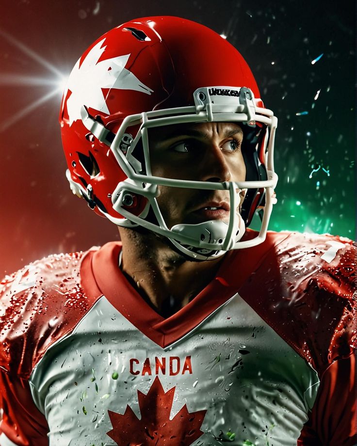 a man wearing a red and white canadian football uniform