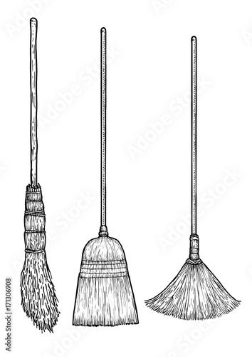 three brooms with long bristles on the top and bottom, hand drawn in black ink