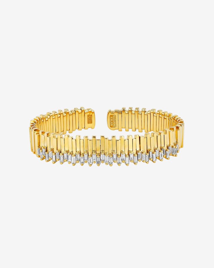 Suzanne Kalan Golden Midi Stacker Diamond Bangle in 18k yellow gold Modern Baguette Cut Diamond Bangle, Modern Diamond Bangle With Baguette Cut, Gemstone Shapes, Trending Jewellery, Traditional Diamond, Diamond Jewelry Designs, Vs Diamond, Florence Pugh, Gold Piece