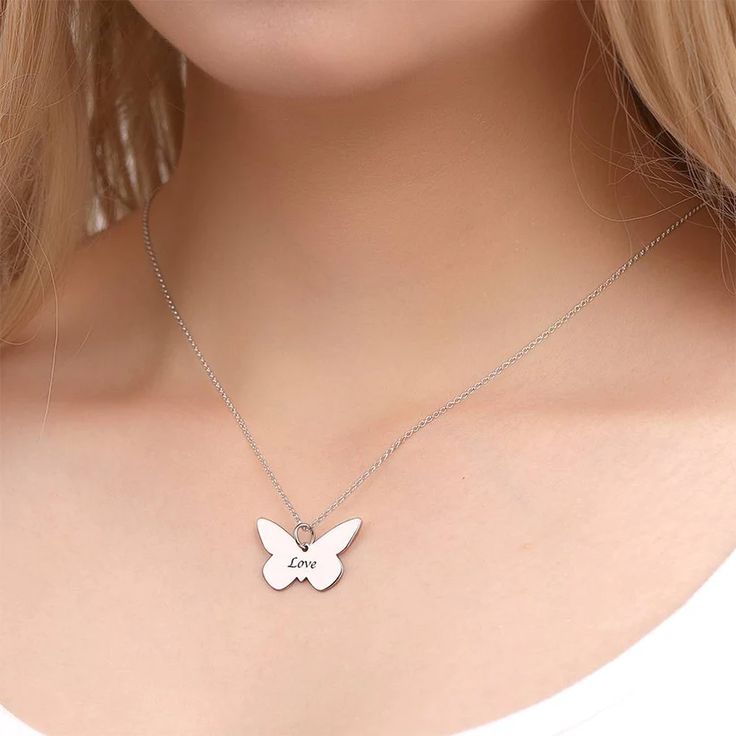 aakip™-Personalized Butterfly Engraved Necklace Platinum Plated White Stainless Steel Necklaces For Personalized Gift, Personalized White Stainless Steel Necklaces, Customizable Stainless Steel Jewelry For Personalized Gifts, Personalized Stainless Steel Pendant Jewelry, Customizable Stainless Steel Jewelry For Gift, Personalized White Gold Stainless Steel Jewelry, Customizable White Stainless Steel Jewelry, Personalized Stainless Steel Jewelry As Gift For Her, Personalized White Stainless Steel Charm Necklace