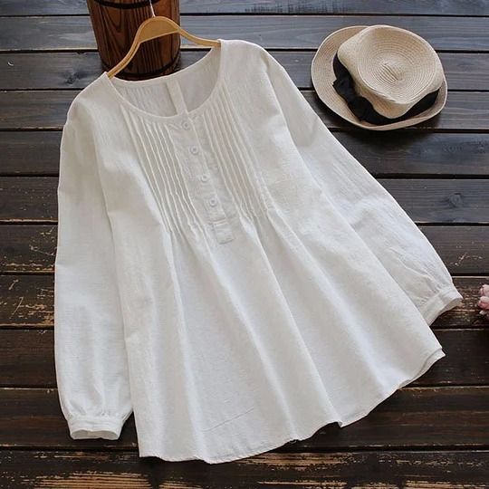 Linen Style I White Cotton Blouse, Design Clothes, Pleated Blouse, Oversized Blouse, Solid Color Shirt, Fashion Top, 가을 패션, Plus Size Blouses, Cotton Blouses