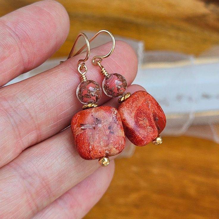 a Adjustable Red Nature-inspired Jewelry, Adjustable Beaded Earrings With Natural Stones For Gift, Adjustable Earthy Beaded Earrings As Gift, Adjustable Beaded Earrings With Natural Stones, Red Natural Stones Drop Earrings, Red Natural Stone Drop Earrings, Earthy Red Handmade Jewelry, Earthy Beaded Dangle Earrings As Gift, Handmade Bohemian Coral Earrings