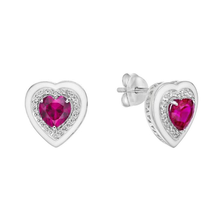 These gorgeous lab-created ruby and lab-created white sapphire heart earrings are a must-add to your fine jewelry collection. Click on this JEWELRY & WATCHES GUIDE to learn about fit, styles, materials and more! These gorgeous lab-created ruby and lab-created white sapphire heart earrings are a must-add to your fine jewelry collection. Click on this JEWELRY & WATCHES GUIDE to learn about fit, styles, materials and more! FEATURES Length: 10 mm Backings: post Metal: sterling silver Plating: rhodiu Valentine's Day Birthstone Earrings In Cubic Zirconia, Valentine's Day Birthstone Earrings With Cubic Zirconia, Valentine's Day Heart Gemstone Earrings, Silver Lab-created Ruby Earrings For Anniversary, Silver Earrings With Lab-created Ruby For Anniversary, Silver Anniversary Earrings With Lab-created Ruby, Gemstone Heart Earrings For Valentine's Day, Sterling Silver Heart Earrings With Gemstone For Valentine's Day, Anniversary Silver Earrings With Lab-created Ruby