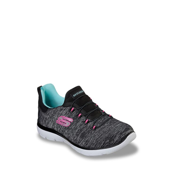 Sport a cool and trendy look with these women's Skechers black Summits - Quick Getaway sneakers. Designed using a heathered jersey knit mesh upper, these slip on sneakers feature a stretchy bungee laced instep panel, a padded collar and tongue, fabric lining, a Memory Foam insole, an impact-attenuating midsole and a supple outsole for excellent traction. Great news - these shoes are machine washable! | Skechers Women's Summits - Quick Getaway Sneaker in Black Size 6 Medium Sporty Slip-on Sneakers With Elastic Laces For Light Sports, Black Athleisure Slip-on Sneakers With Cushioned Footbed, Casual Stretch Sneakers For Sports, Casual Mesh Slip-on Sneakers With Elastic Laces, Black Stretch Slip-on Sneakers, Casual Stretch Mesh Sneakers, Sporty Gray Slip-on Sneakers For Light Exercise, Black Walking Shoes With Elastic Laces For Light Sports, Casual Athletic Fit Slip-on Sneakers For Jogging