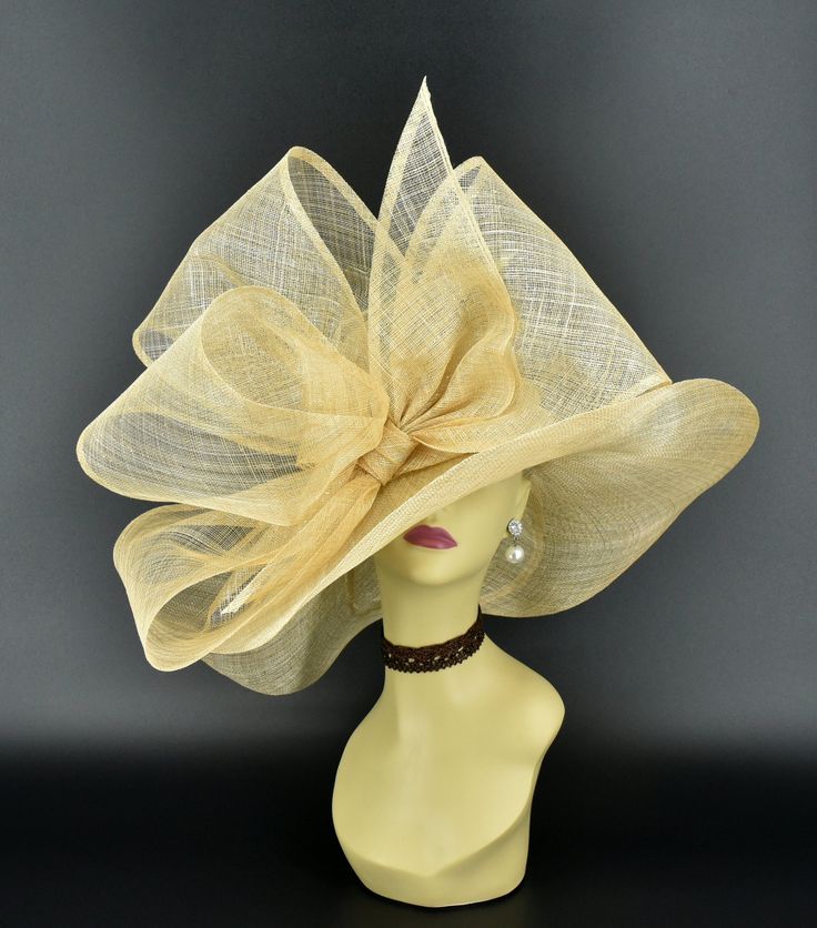 "✿*.Key Features: 100% high quality Sinamay woven material, wide brim with Jumbo bows. It's more beautiful in person! Light and comfortable! Great for Kentucky derby, weddings, Royal Ascot, horse races, cocktails, tea party, or any hat wearing occasion. Hat base size: From front to back appr: 20.5\" (52cm) From left to right appr: 21.25\" (54cm) Wide brim Appr: 7~8\" Head girth: 22.5\" (57cm) , adjustable string inside to make smaller to fit your head. If you want other colors in this style, jus Elegant Gold Panama Hat With Short Brim, Elegant Adjustable Gold Panama Hat, Gold Brimmed Sun Hat For Kentucky Derby, Gold Wide Brim Straw Hat For Kentucky Derby, Gold Wide-brim Straw Hat For Kentucky Derby, Gold Structured Crown Hat For Summer, Elegant Gold Sun Hat For Summer, Elegant Adjustable Gold Sun Hat, Elegant High Crown Straw Hat For Beach