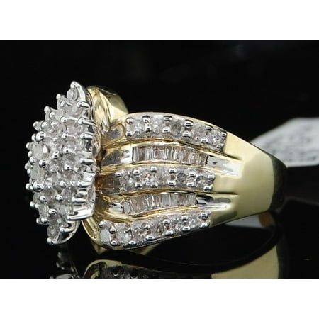 LADIES 10K YELLOW GOLD 1C BAGUETTE DIAMOND CLUSTER RING Size: 7.  Color: Silver.  Gender: female.  Age Group: adult. Diamond White Cluster Ring With Baguette Diamonds For Promise, Baguette Diamond Cluster Ring For Anniversary, Anniversary Cluster Ring With Baguette Diamonds, Diamond Cluster Ring With Baguette Diamonds, Diamond Collection, Engagement Wedding Ring Sets, Bridal Engagement Rings, Diamond Cluster Ring, Fine Rings