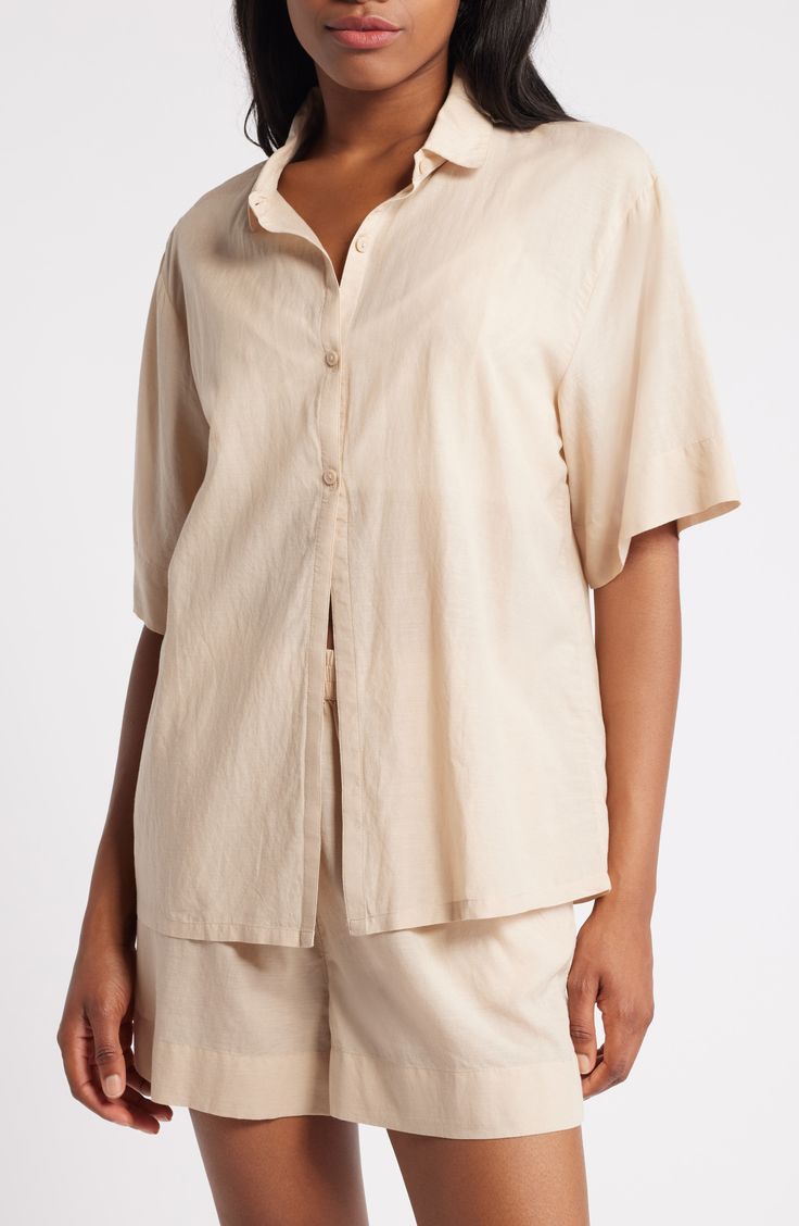 Crisp PJs with a collared short-sleeve shirt and elastic-waist shorts are ones you'll want to wear all weekend long. 26 1/2" length top; 2 1/2" inseam; 31" leg opening; 12 1/2" front rise; 16" back rise (size Medium) Top has front button closure; notched collar; short sleeves; chest patch pocket Shorts have elastic waist 55% cotton, 45% viscose Machine wash, tumble dry Imported Short Sleeve Shirt For Loungewear, Beige Collared Top For Loungewear, Relaxed Fit Camp Collar Shirt For Daywear, Relaxed Fit Camp Shirt With Camp Collar For Daywear, Spring Camp Shirt With Camp Collar For Loungewear, Beige Short Sleeve Blouse For Loungewear, Relaxed Fit Johnny Collar Top For Daywear, Relaxed Collared Shirt For Loungewear, Beige Summer Shirt For Loungewear