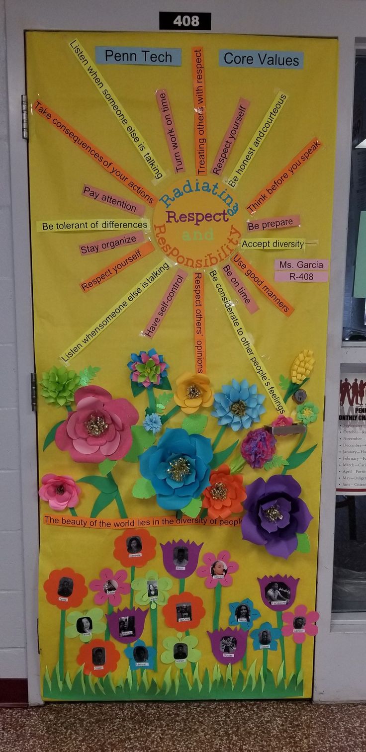 a bulletin board with flowers and words on it