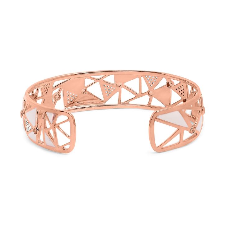 Wrapped with the opulence of 14K rose gold and studded with luminous white diamonds totaling 5/8 carats with a clarity of SI1-SI2 and G-H color, this 7-inch open cuff bangle is a masterpiece of design and distinction. The bangle dazzles with its unique pattern of elegantly open spaces and refined sections of pristine white enamel, creating a magnificent canvas that captures the eye and the imagination. Adorned with four radiant, lab-created pink tourmalines, color-treated to enhance their vivid Luxury Rose Gold Cuff Bracelet For Formal Occasions, Luxury White Bangle For Anniversary, Luxury Rose Gold Cuff Bracelet For Formal Events, Luxury White Diamond Cuff Bracelet, Luxury Rose Gold Cuff Bracelet, Rose Gold Diamond Cuff Bracelet With Diamond Accents, Rose Gold Diamond Cuff Bracelet With Accents, Luxury Rose Gold Bangle Cuff Bracelet, Modern White Bracelets With Diamond Accents