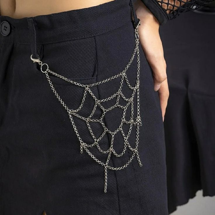 Chain Spider Web, Spider Web Costume Women Diy, Spider Making Web, Streetwear Fashion Accessories, Spider Web Jewelry, Witchy Pants, Spider Web Pants, Diy Halloween Accessories, Spider Web Fashion