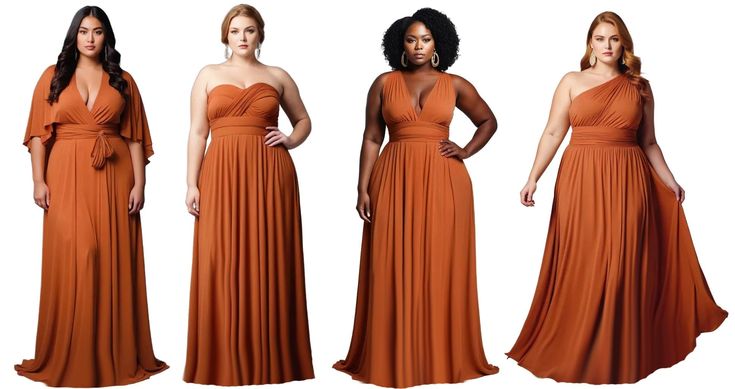 three different poses of a woman in an orange dress with her hands on her hips