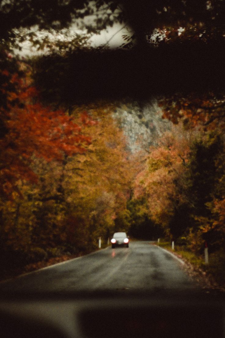 a car is driving down the road in front of trees with orange and yellow leaves