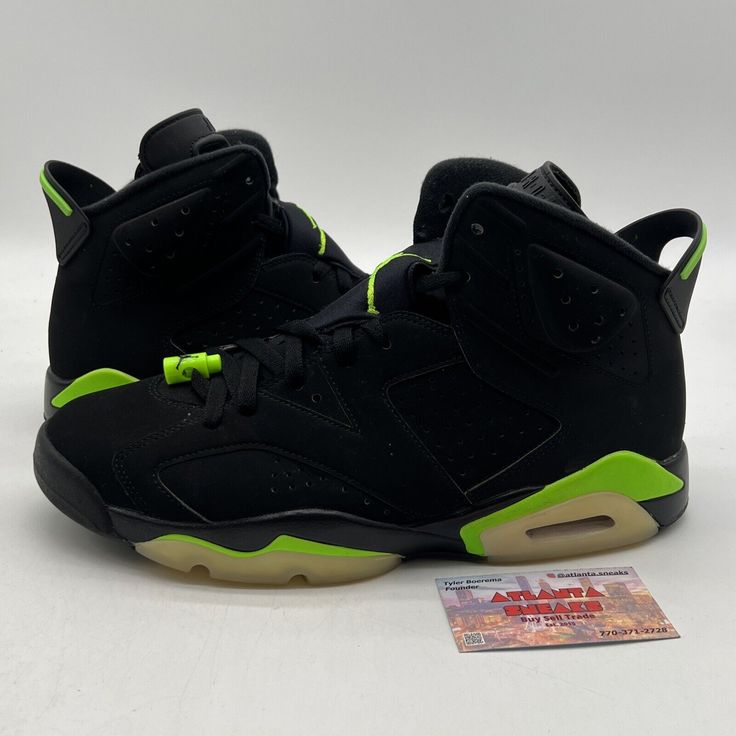 Introducing the highly anticipated Jordan 6 Retro Electric Green 2021 in size 11.5. This stylish and comfortable mid-top sneaker features black suede upper material and a sleek silhouette that perfectly combines retro and modern themes. Its electric green accents add a pop of color and style, making it a must-have for any sneakerhead. The shoe is part of the Air Jordan product line and is designed for athletic activities. Its style code is CT8529-003 and it was released in 2021. This Air Jordan 6 model is perfect for men who want a comfortable and stylish sneaker for any occasion. No box Modern Black Mid-top Basketball Shoes, Modern High-top Skate Shoes With Boost Midsole, Casual Skate Shoes With Contrasting Heel For Streetwear, Casual Skate Shoes With Contrasting Heel Counter, Modern Mid-top Basketball Shoes With Contrast Sole, Modern Black High-top Sneakers With Contrast Sole, Modern Jordan Shoes For Streetwear, Black Leather Skate Shoes With Contrasting Heel, Black Leather Skate Shoes With Contrasting Heel Counter