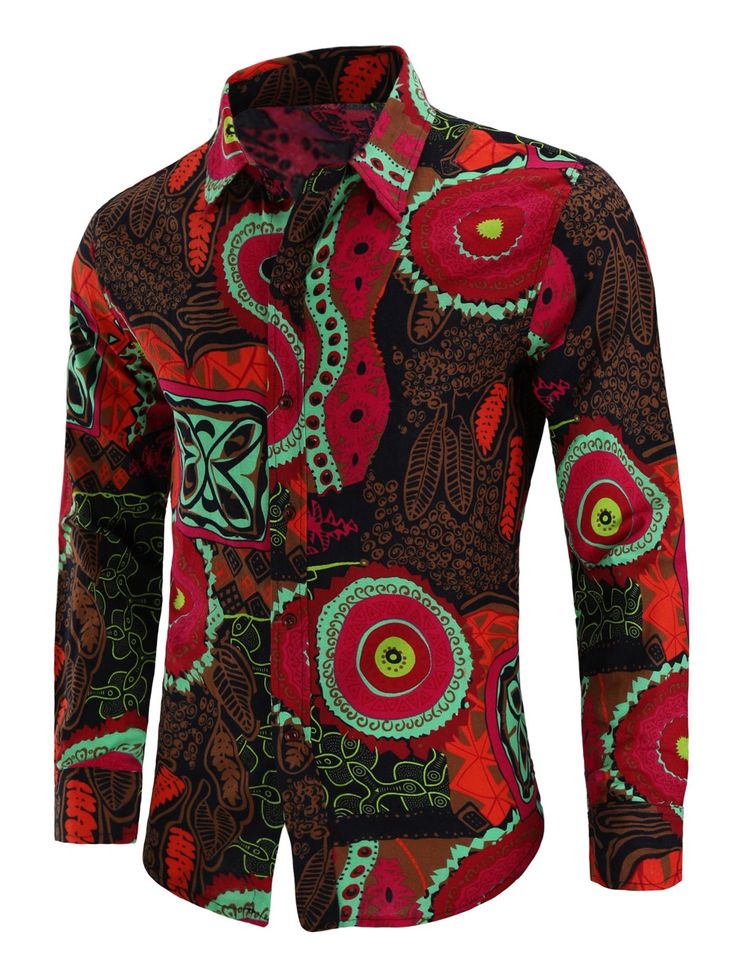 Floral Linen Tribal Printed Shirt - Red - 3S66436512 - Men's Clothing  #MensClothing #Men's #Clothing Casual Long Sleeve Tops With Abstract Print, Colorful Patterned Shirt For Fall, Multicolor Slim Fit Shirt For Summer, Multicolor Slim Fit Long Sleeve Shirt, Red Bohemian Shirt For Spring, Multicolor Graphic Print Long Sleeve Shirt, Fitted Brown Printed Shirt, Casual Slim Fit Tops With Graphic Print, Casual Slim Fit Graphic Print Tops