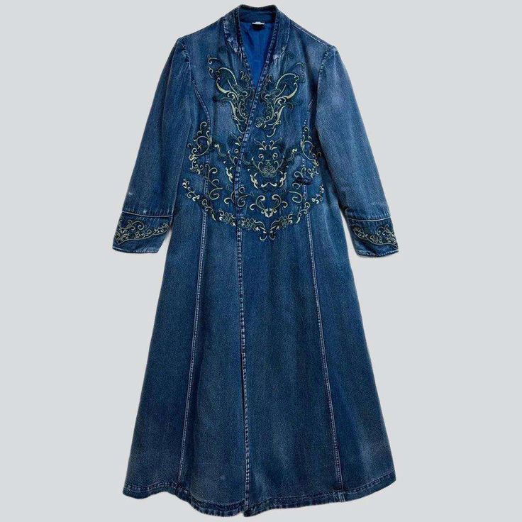 Fitted Denim Blue Bohemian Dress, Embroidered Bohemian Denim Dress, Bohemian Embroidered Denim Dress, Embroidered Denim Blue Dress, Long Sleeve Embroidered Denim Blue Dress, Embroidered Long Sleeve Denim Blue Dress, Blue Embroidered Denim Dress, Embroidered Denim Blue Long Sleeve Dress, Embroidered Fitted Denim Dress