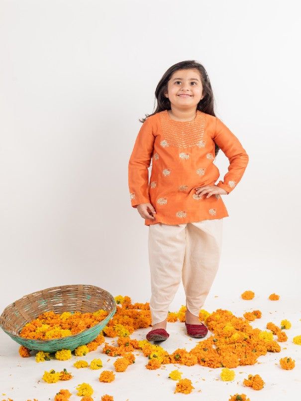 Girls Orange Embroidered Chanderi Dhoti Kurta Sets By Mr Brat now available at Trendroots Anarkali Pant Set With Dori Work For Eid, Chanderi Sets With Embroidered Border For Navratri, Traditional Saree Pant Set With Pallu, Cotton Sets For Navratri Celebration, Orange Chikankari Embroidery Set For Diwali, Cotton Sets With Embroidered Border For Navratri, Orange Chikankari Embroidered Sets For Festivals, Bollywood Style Cotton Churidar For Puja, Bollywood Cotton Churidar For Puja